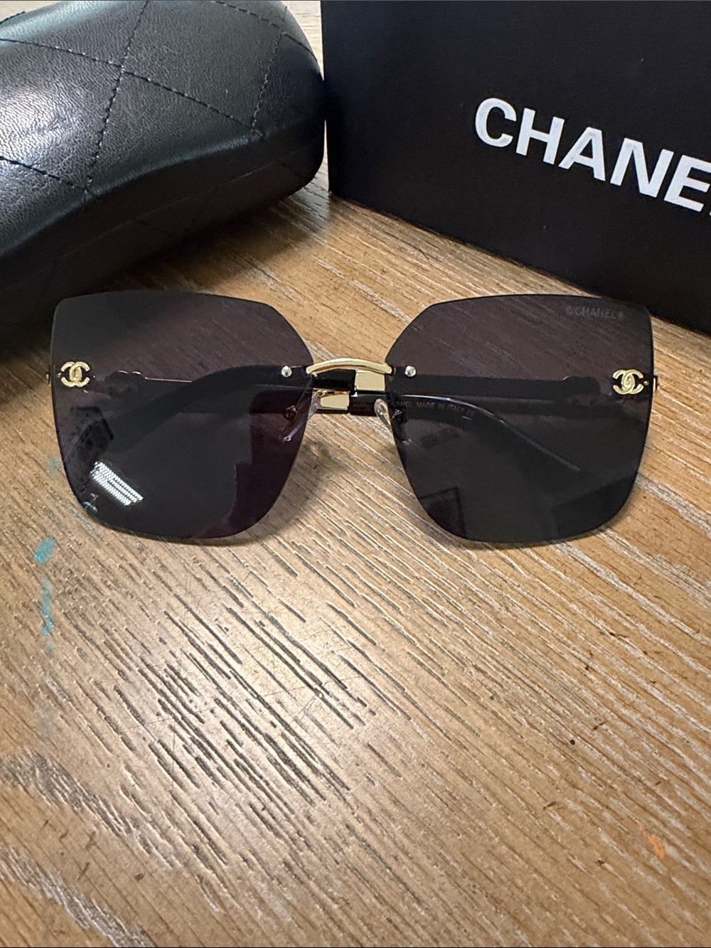 CHANEL Rimless Square Sunglasses in Black and Gold Accents - Picture 3 of 10